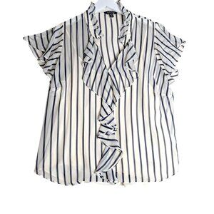 Lauren Ralph Lauren Womens Striped Ruffle Blouse 2X White & Navy Short Sleeve Li